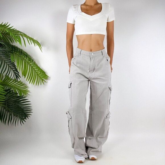 Vintage Y2K Style Gray Gorpcore Streetwear Wide Leg Baggy Skater Cargo Pants / L - Picture 3 of 4
